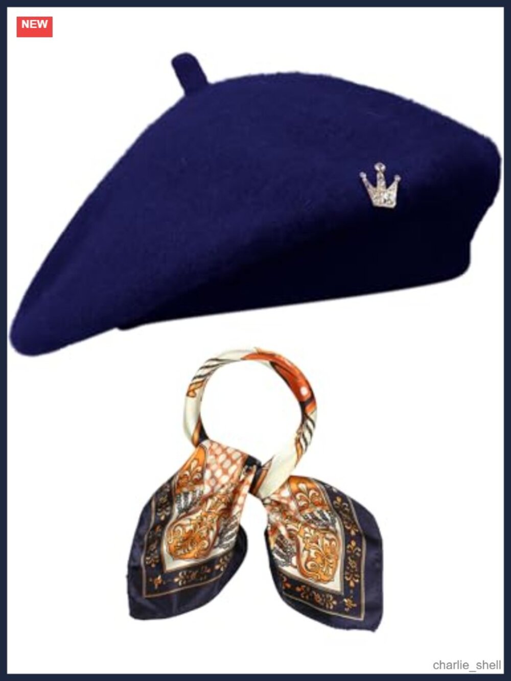 Wool Beret Hat Set with Silk Scarf & Rhinestone Brooch French Style